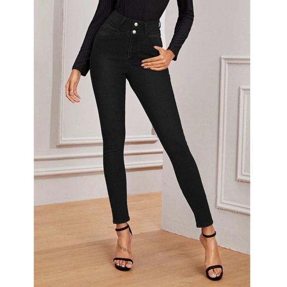 High Stretch Black Skinny Jeans  Buttons  Zipper Fly Pockets - Picture 2 of 6